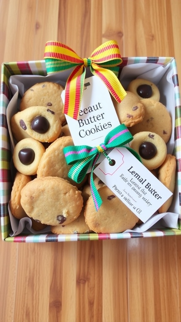Assorted cookies in a decorative box with ribbons and a gift tag.